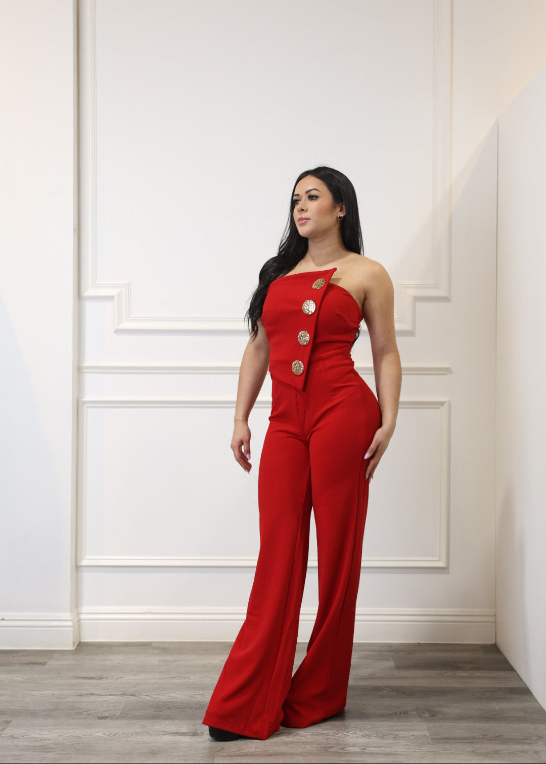 Eugenia - Red Asymmetrical Strapless Jumpsuit