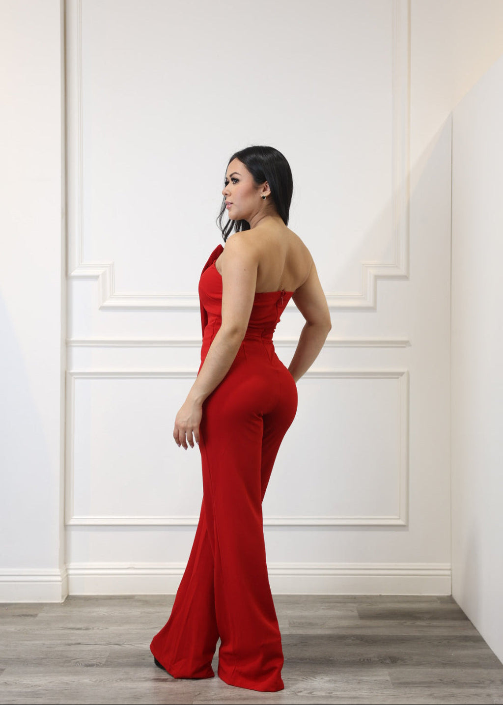 Eugenia - Red Asymmetrical Strapless Jumpsuit