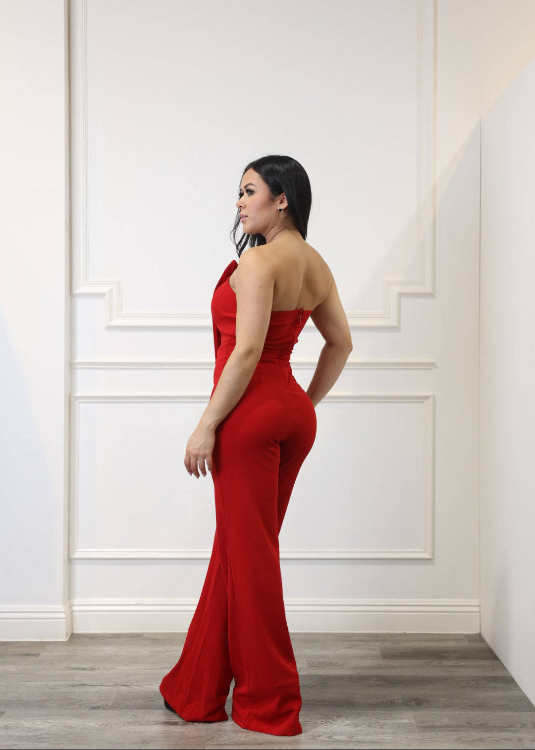 Eugenia - Red Asymmetrical Strapless Jumpsuit