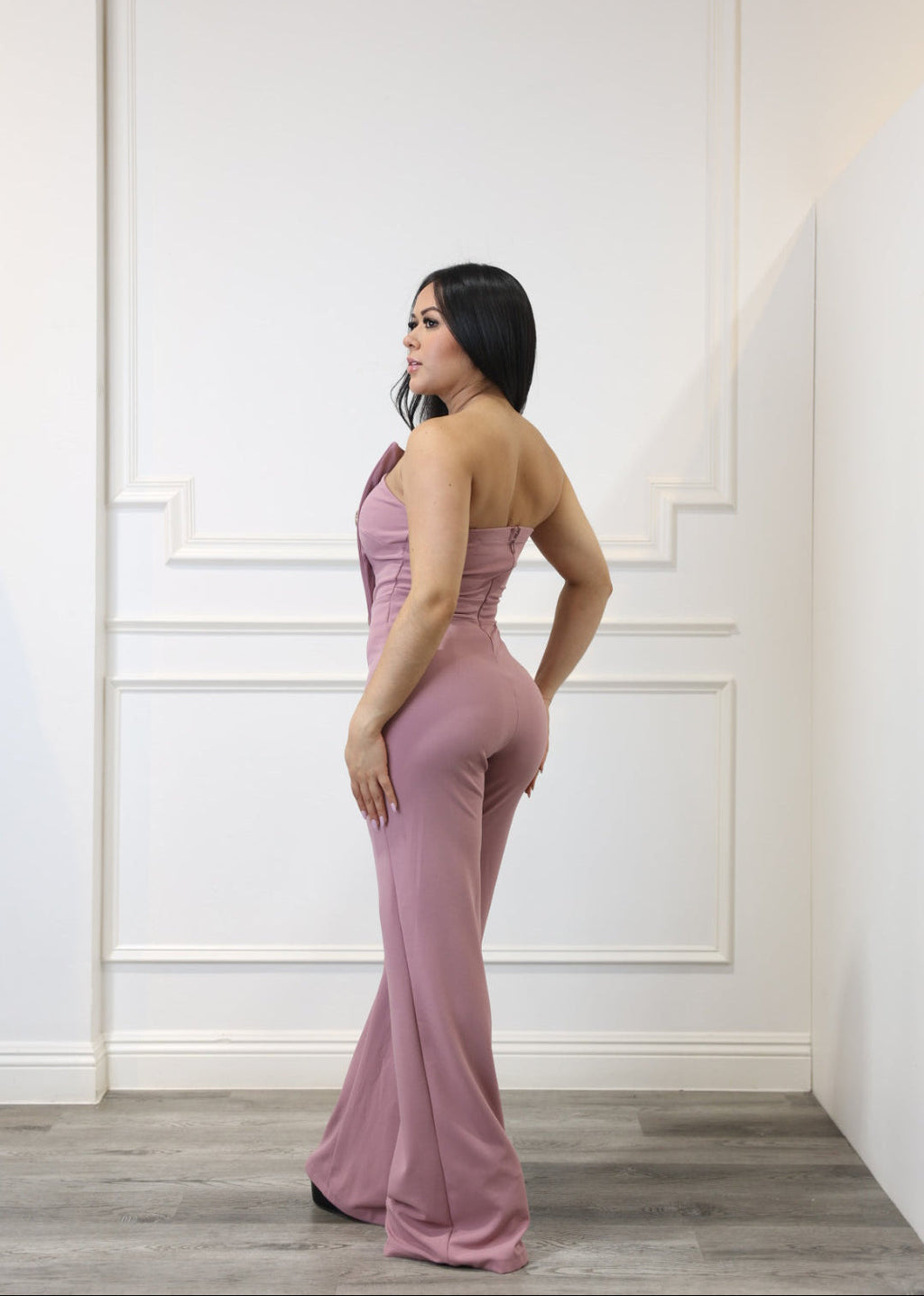 Eugenia - Blush Pink Asymmetrical Strapless Jumpsuit
