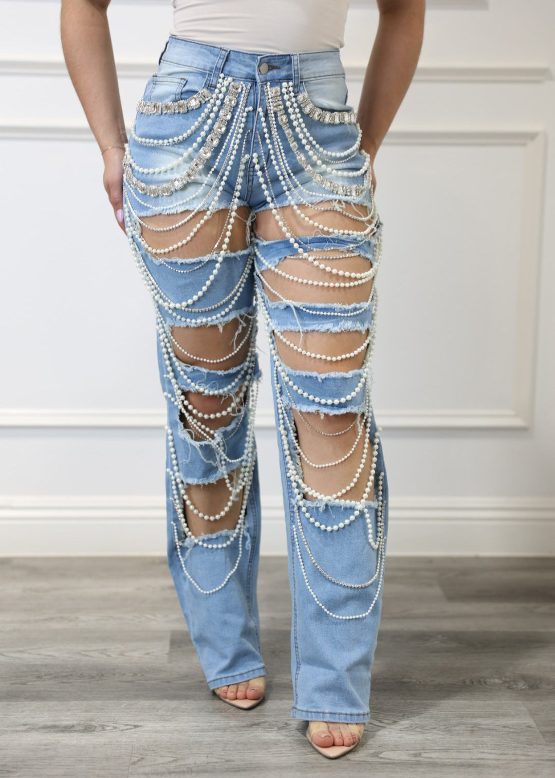 Cobie - Pearl-Embellished Distressed Denim