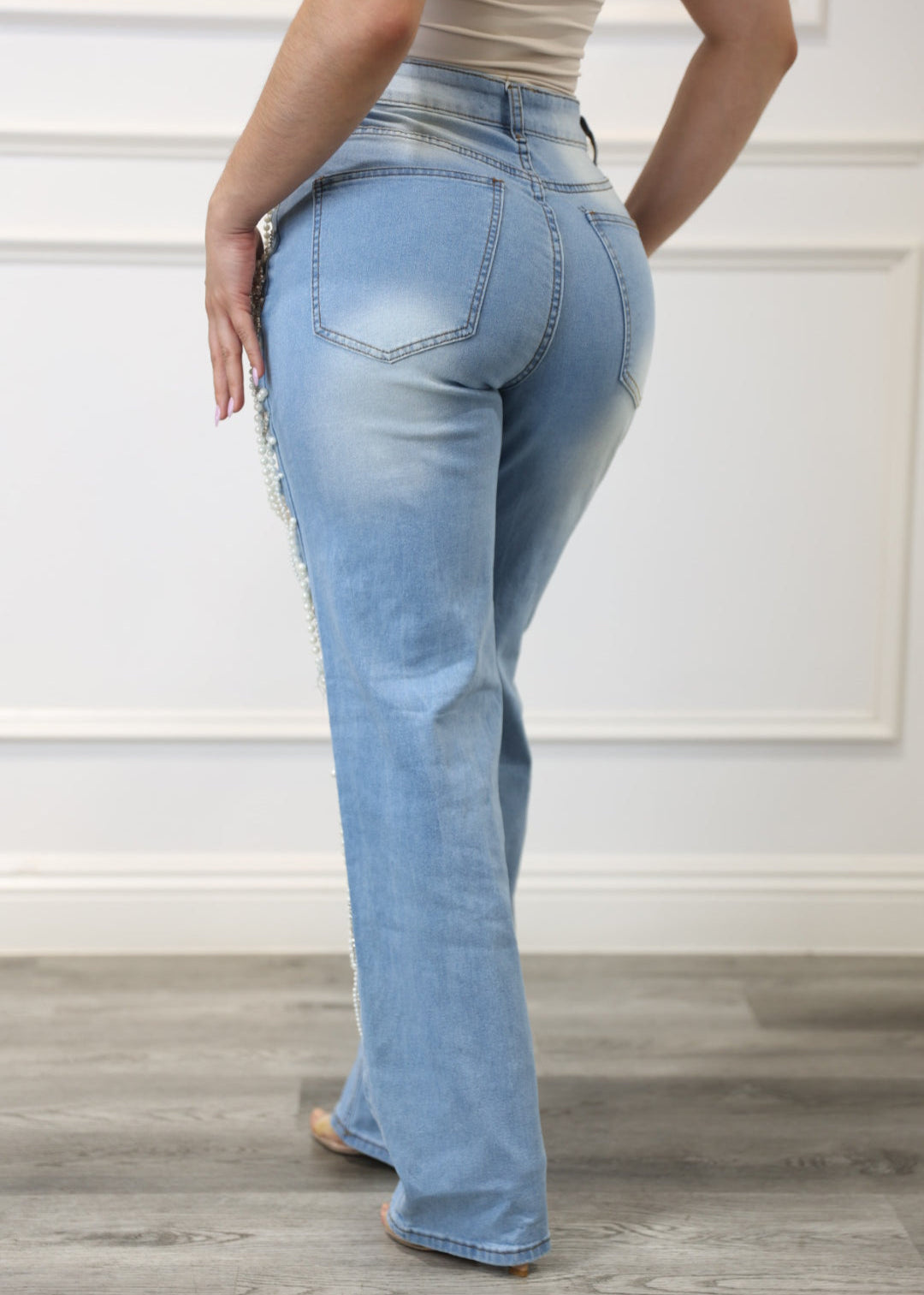 Cobie - Pearl-Embellished Distressed Denim