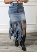 Colby - Fringe Denim Midi Skirt