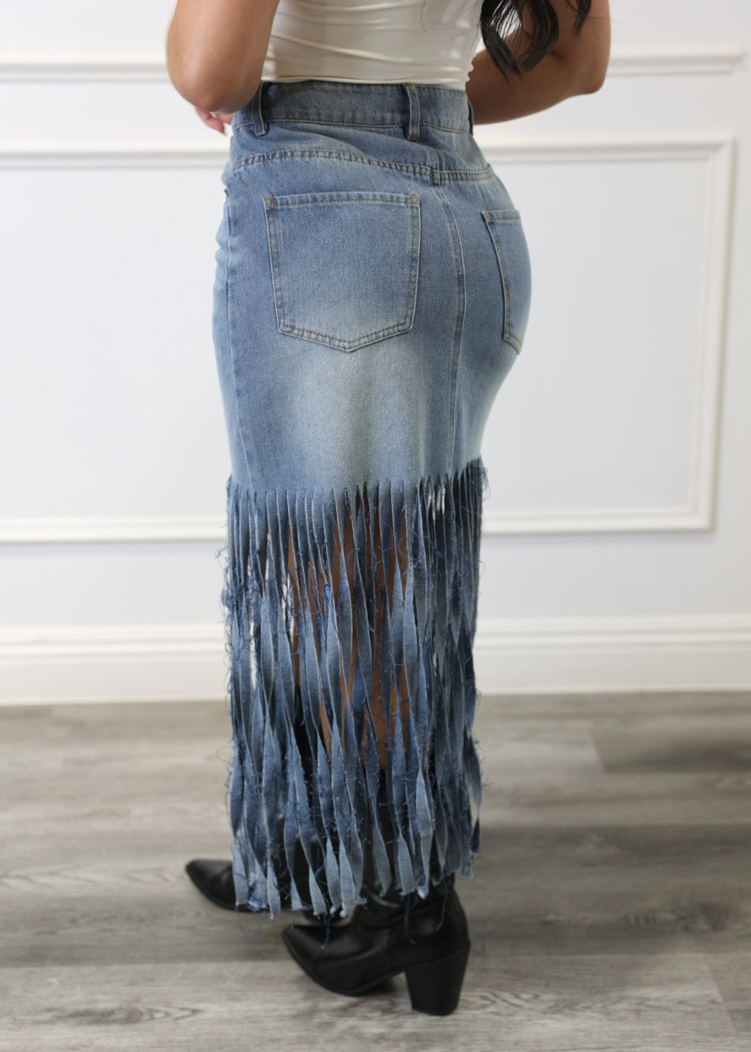Colby - Fringe Denim Midi Skirt