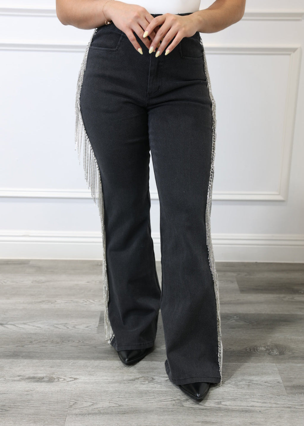 Britney - Black High-Waist Jeans with Silver Fringe