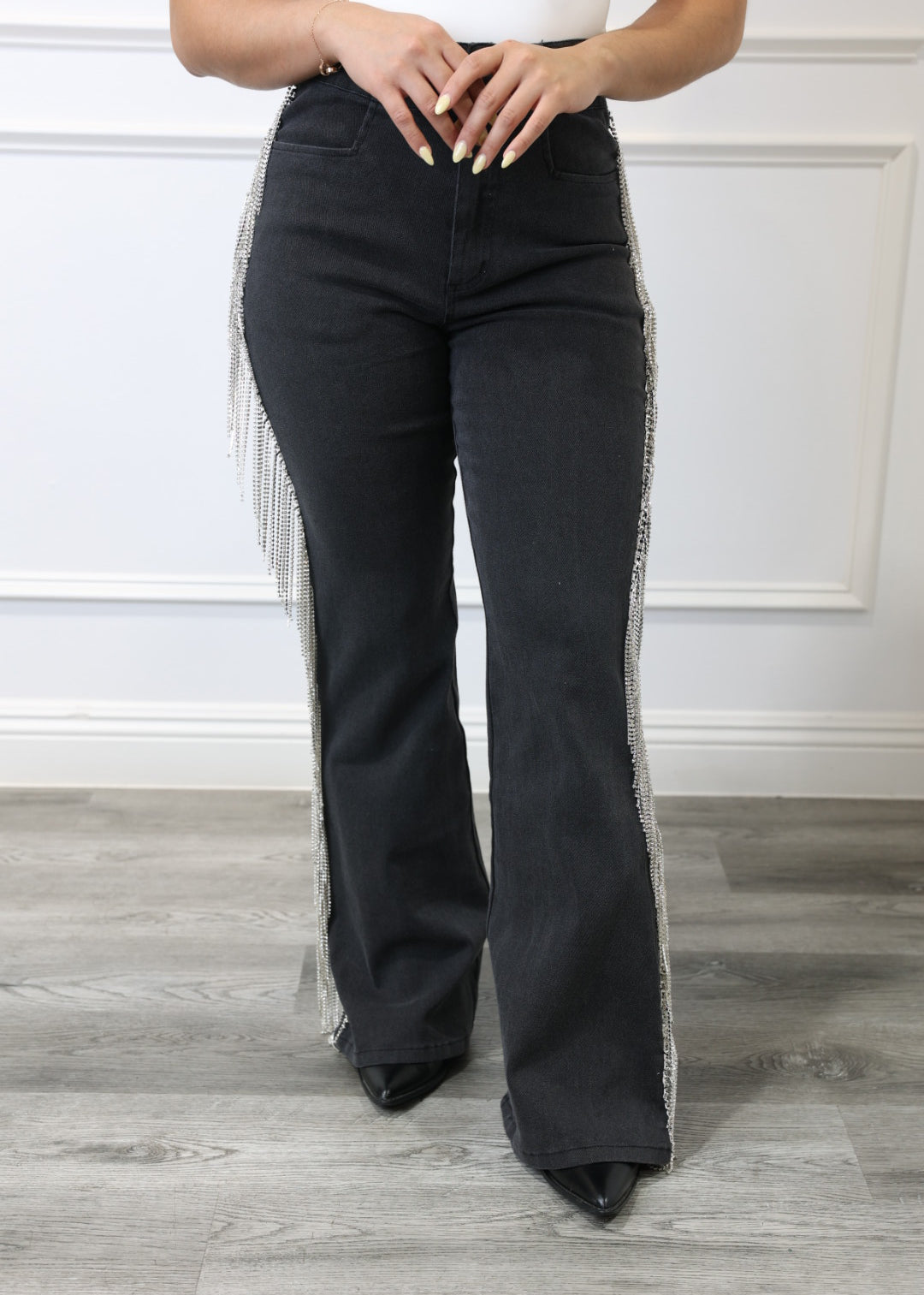Britney - Black High-Waist Jeans with Silver Fringe