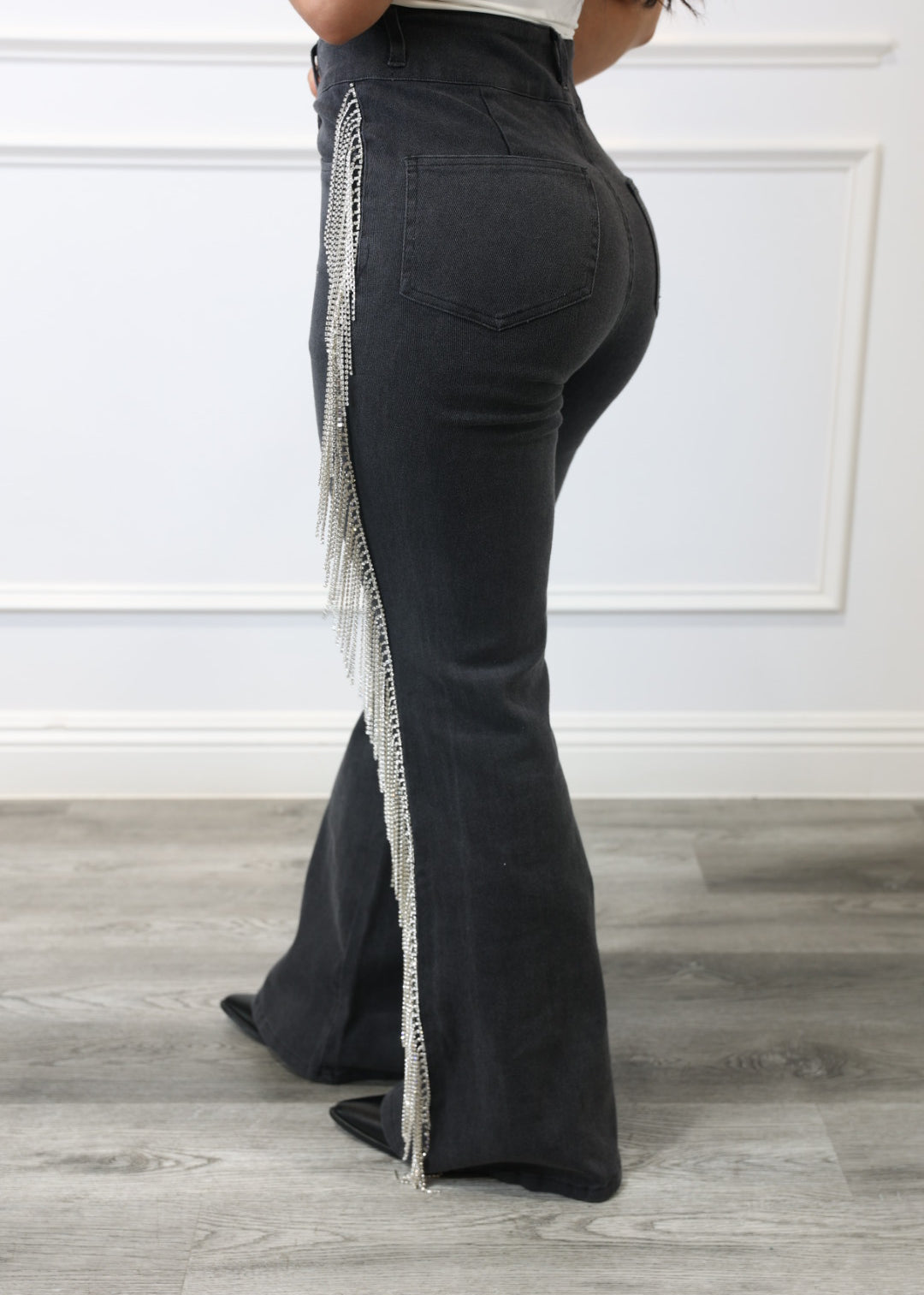 Britney - Black High-Waist Jeans with Silver Fringe