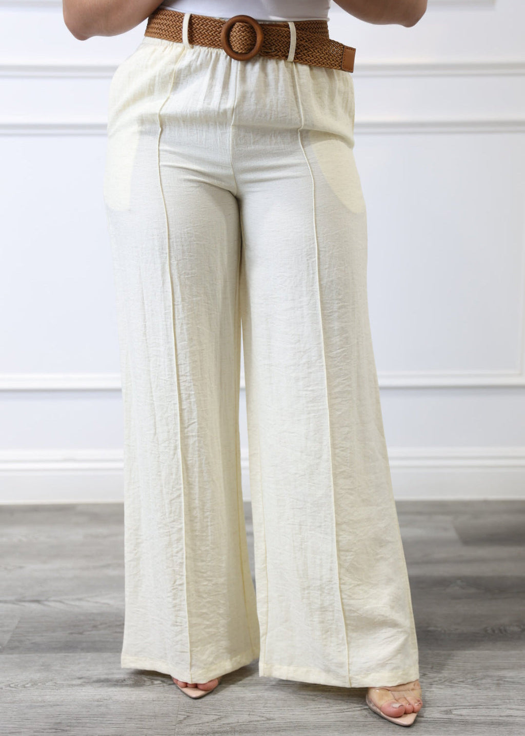 Alina - White Wide-Leg Belted Pants