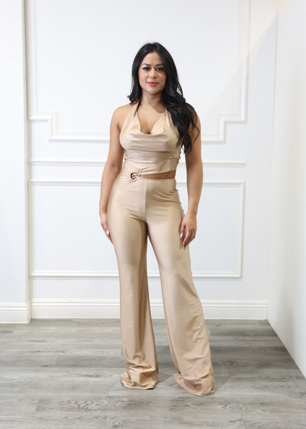 Kara - Beige Halter Cutout Jumpsuit