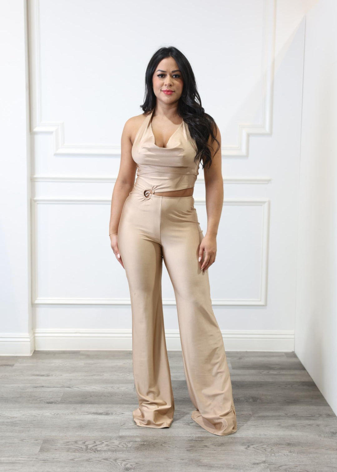 Kara - Beige Halter Cutout Jumpsuit