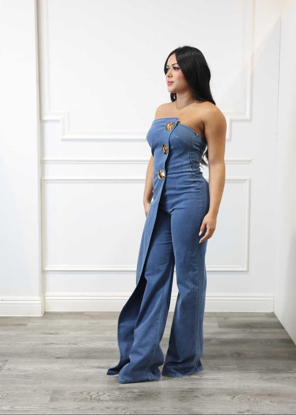 Dana - Blue Strapless Denim Jumpsuit