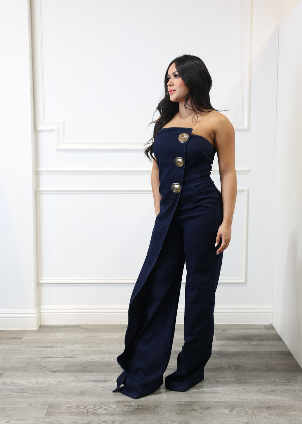 Dana - Dark Blue Strapless Denim Jumpsuit