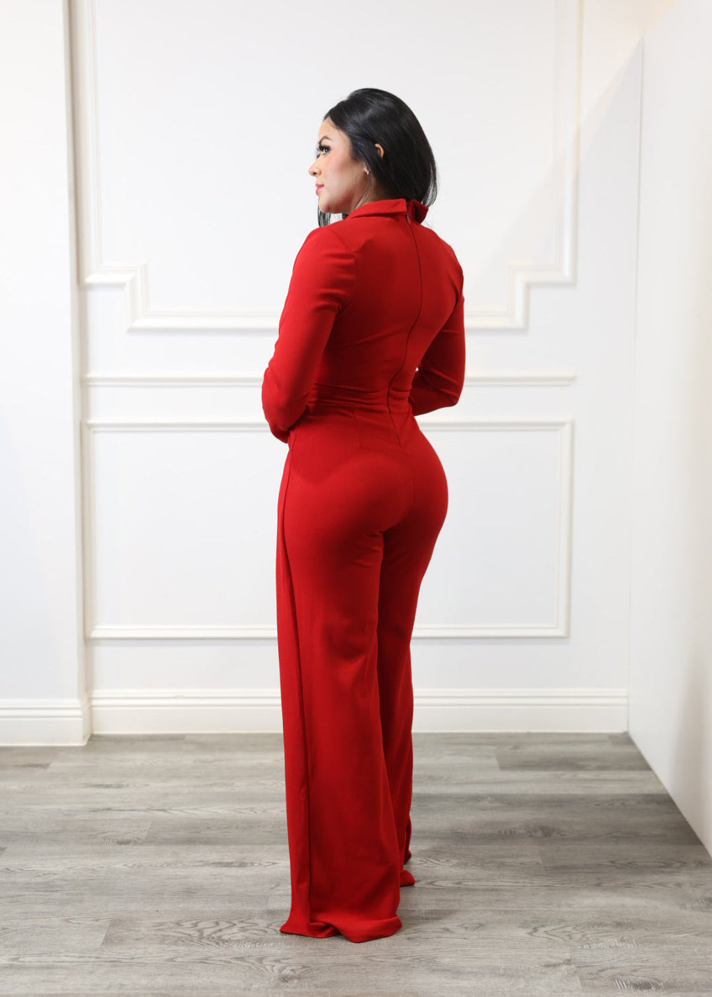 Ruby - Red Long-Sleeve Polo Collar Jumpsuit