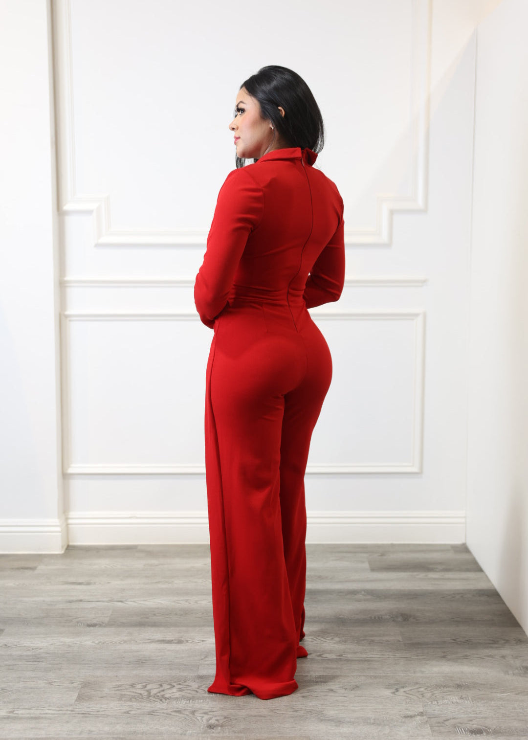 Ruby - Red Long-Sleeve Polo Collar Jumpsuit
