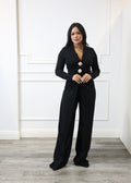 Ruby - Black Long-Sleeve Polo Collar Jumpsuit