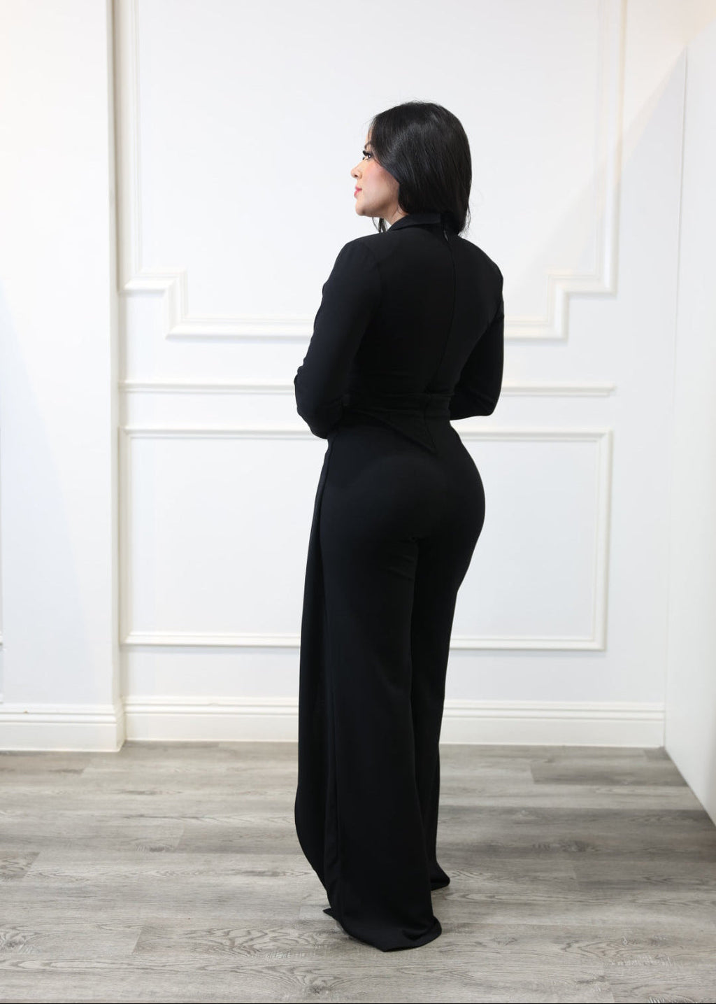 Ruby - Black Long-Sleeve Polo Collar Jumpsuit