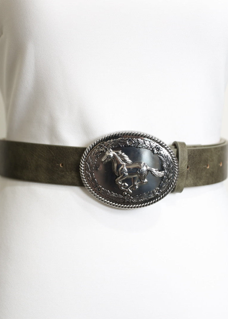 Belén – Olive Green Belt with Horse Head Silver Buckle