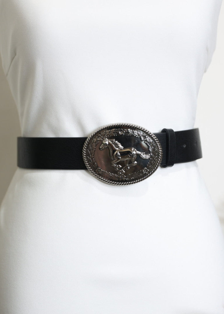 Belén – Black Belt with Horse Head Silver Buckle