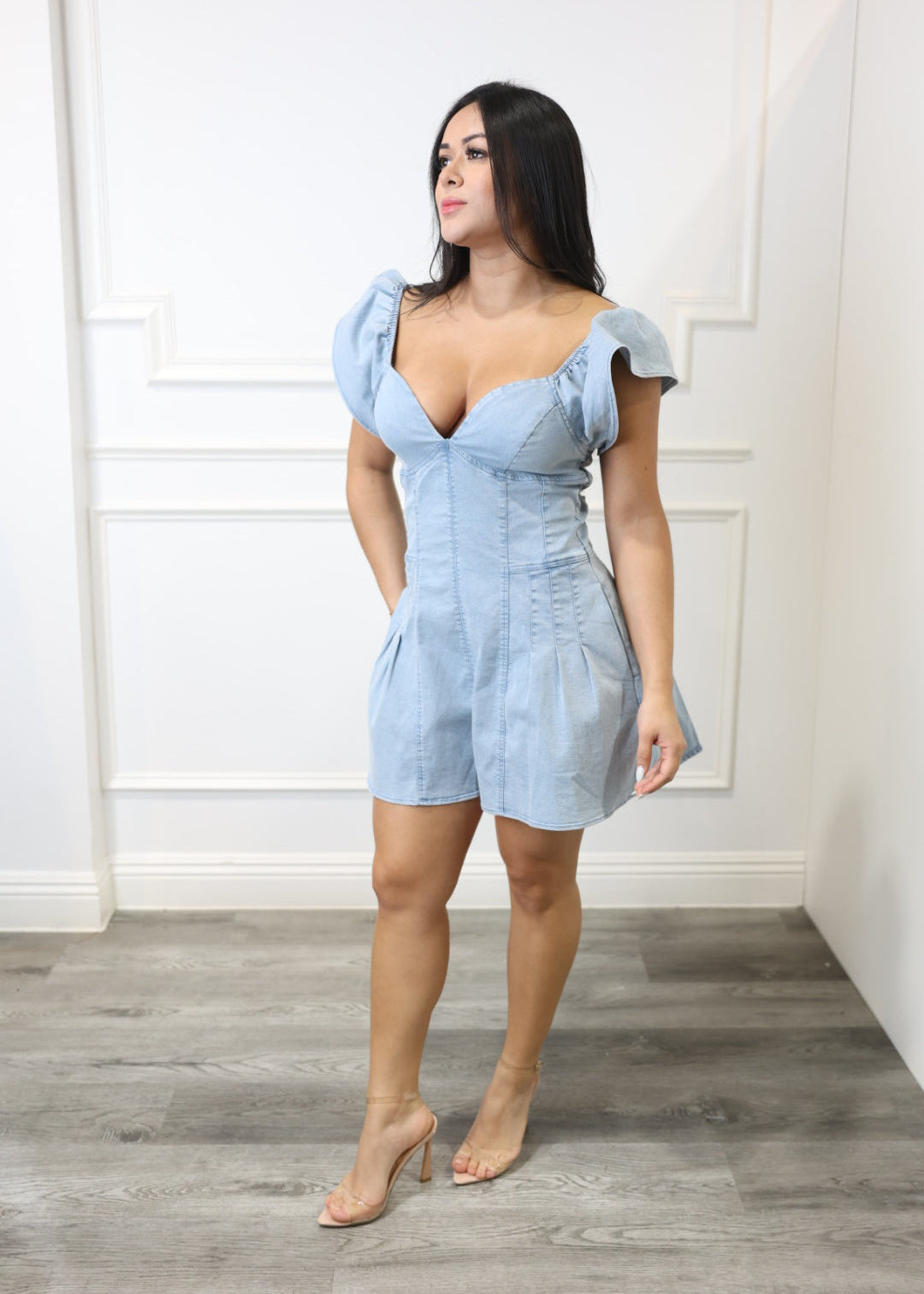Claudia - Light Blue Denim Ruffle Shoulder Romper