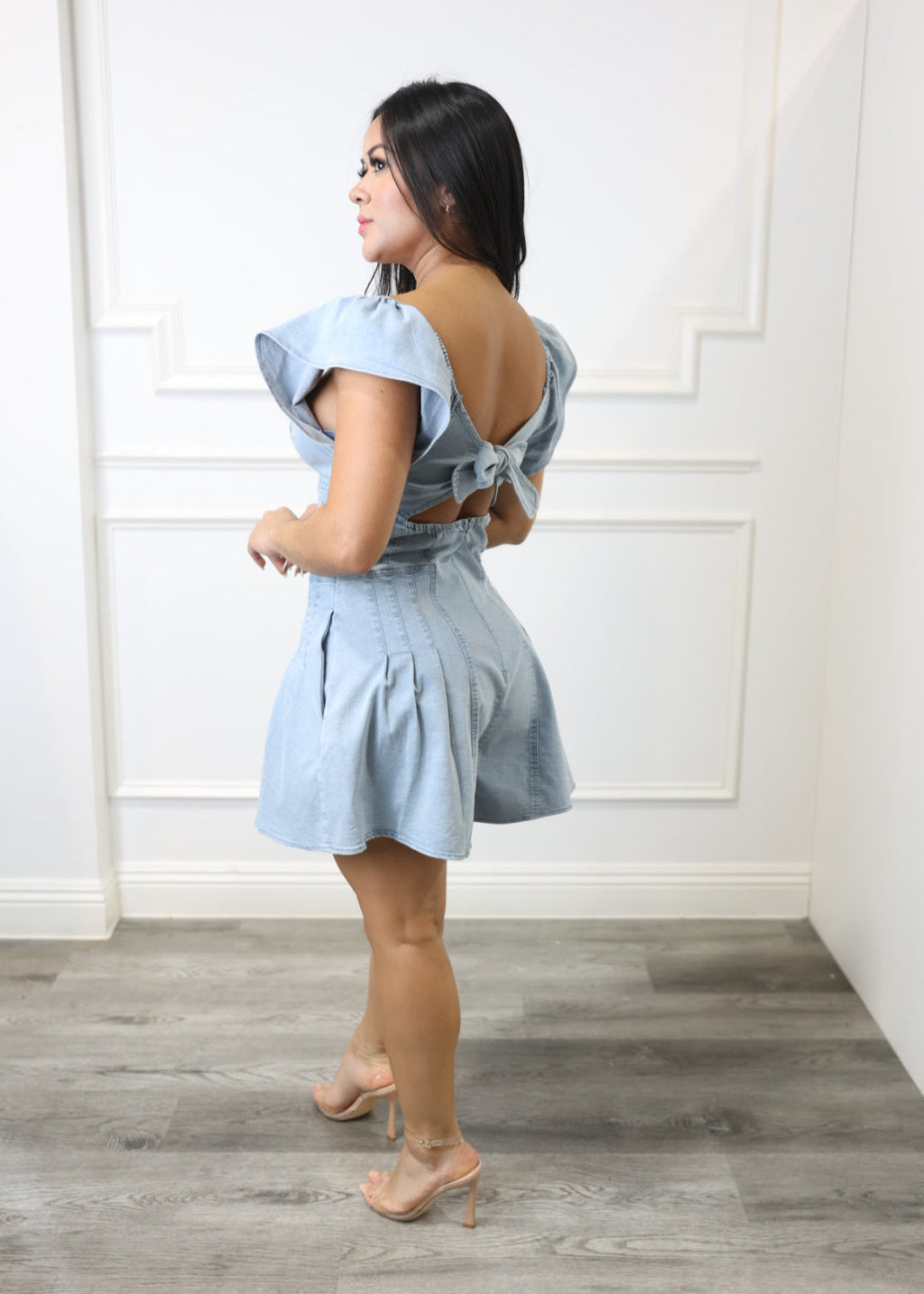 Claudia - Light Blue Denim Ruffle Shoulder Romper