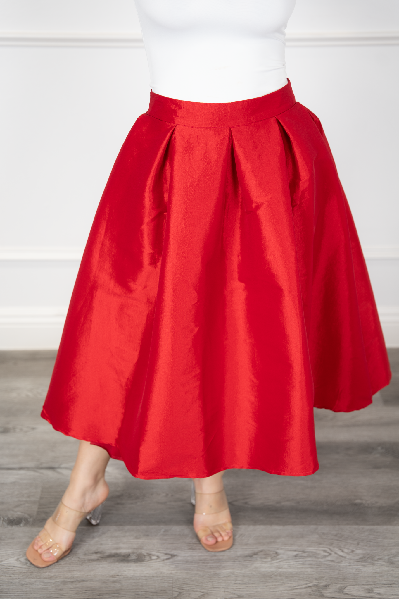 CAROL RED HIGH WAIST PLEAT FRONT MIDI SKIRT