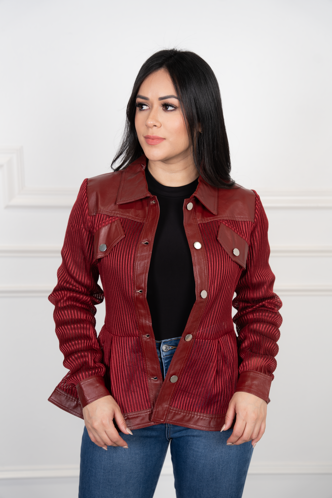 MESH  BURGANDY FAUX LEATHER PEPLUM JACKET