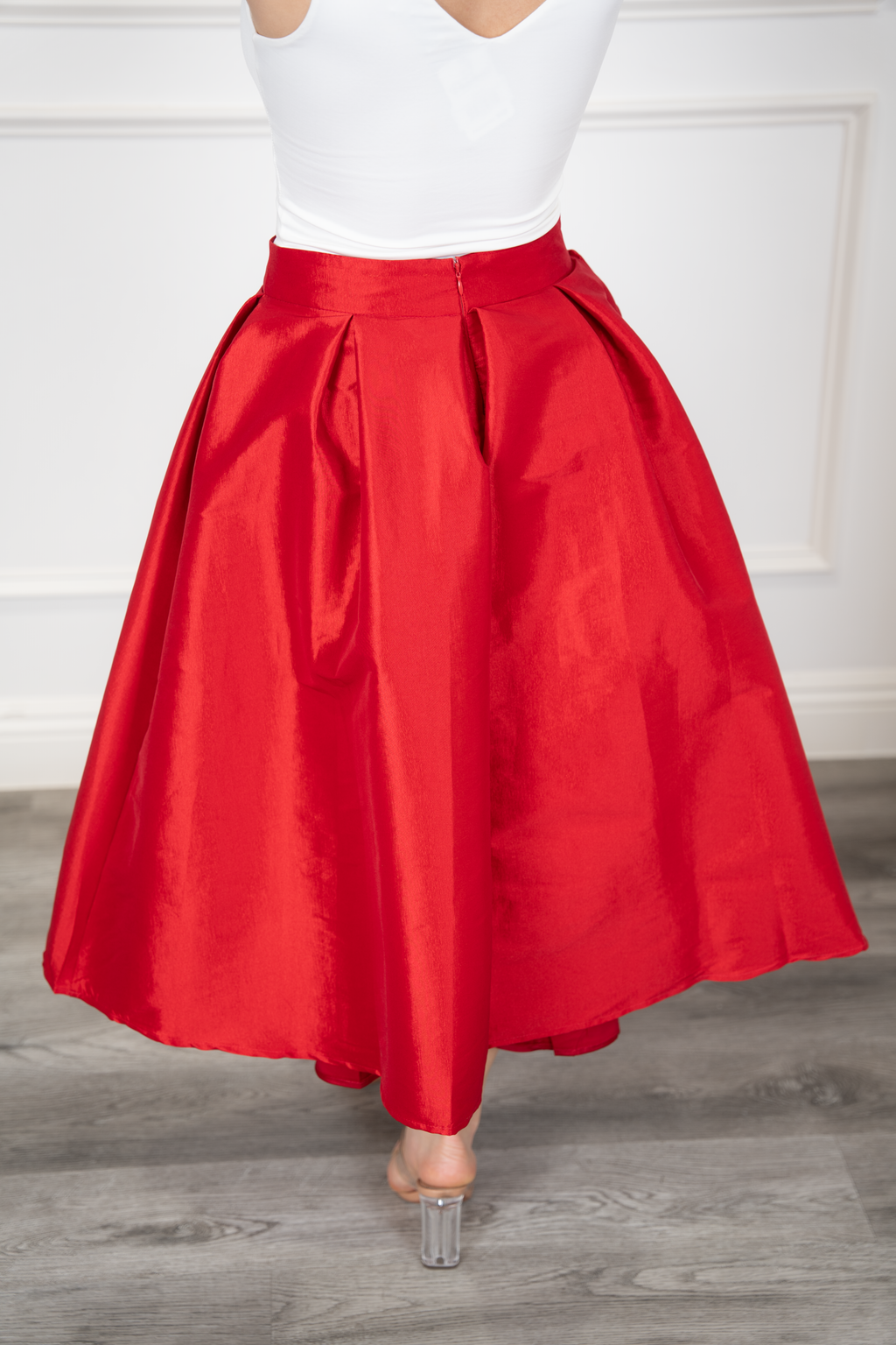 CAROL RED HIGH WAIST PLEAT FRONT MIDI SKIRT