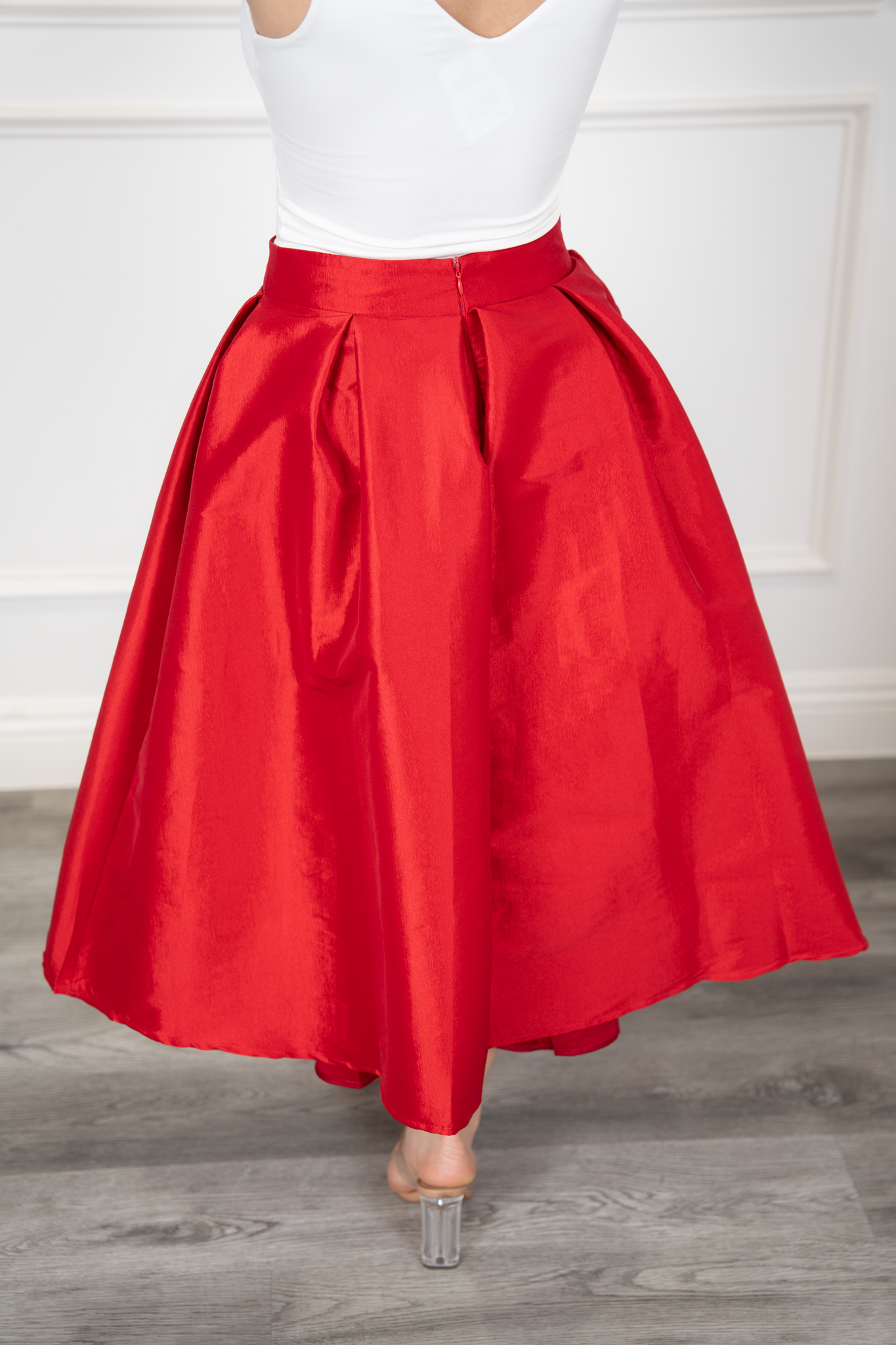 CAROL RED HIGH WAIST PLEAT FRONT MIDI SKIRT