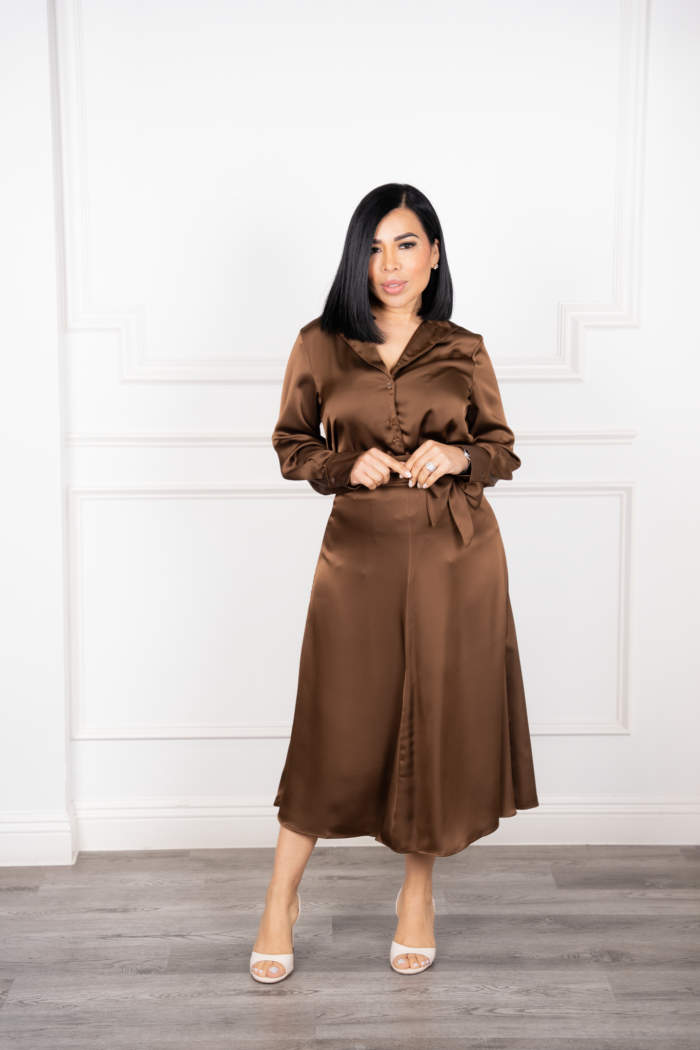 Mia - Brown Satin Two-Piece Set