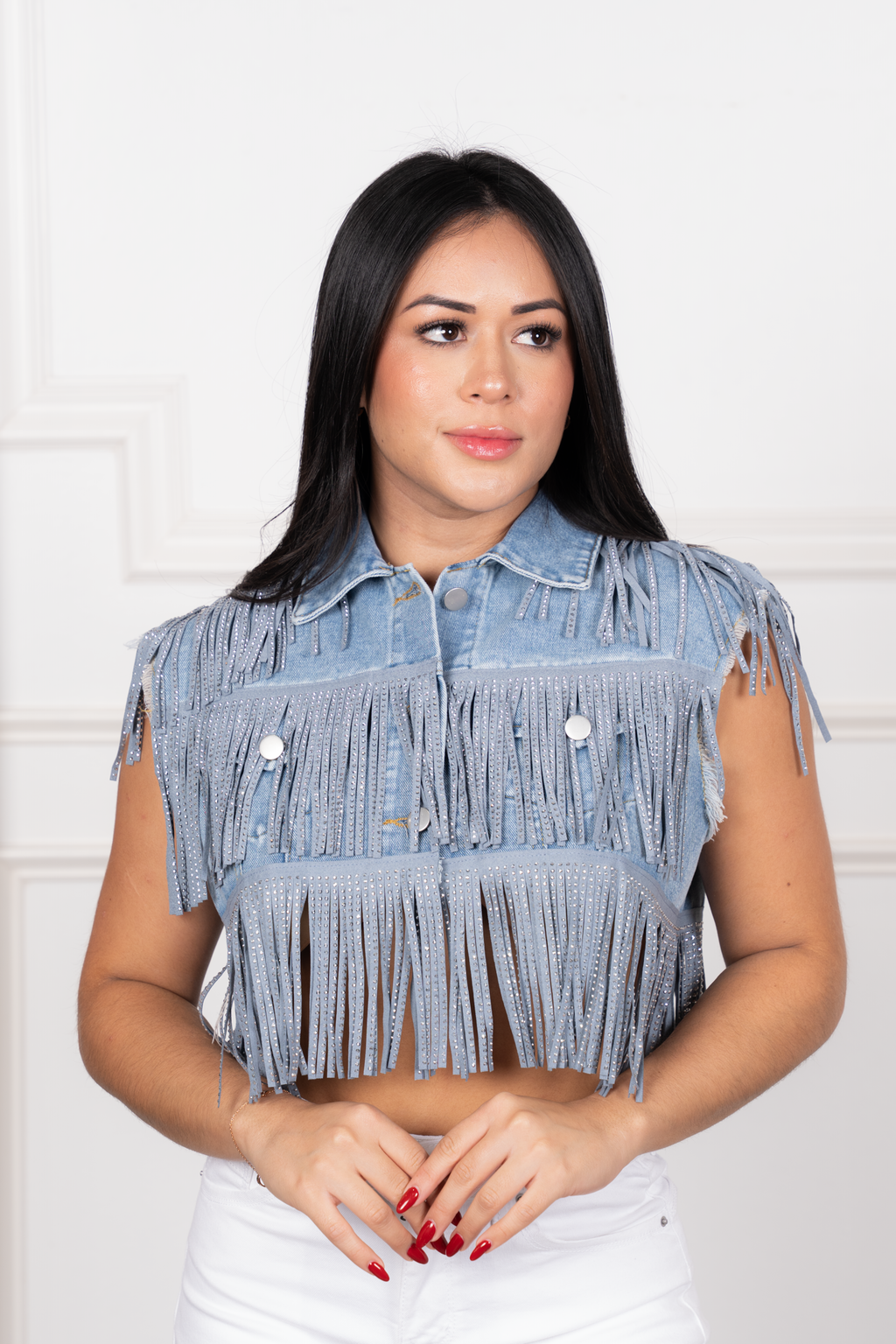 Paola - Denim Fringe Crop Top