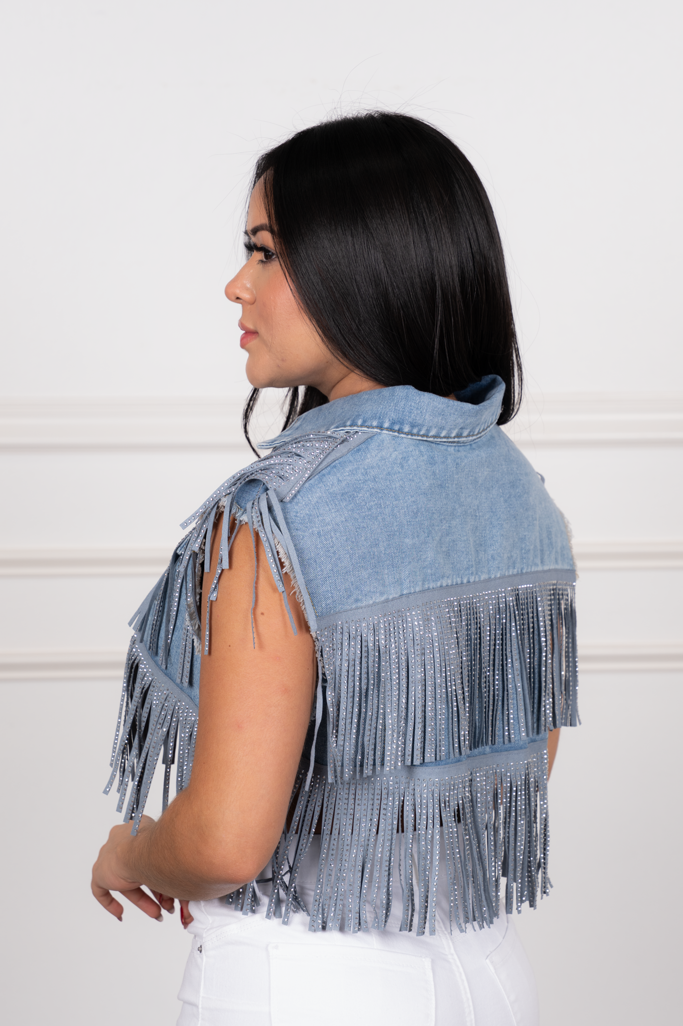 Paola - Denim Fringe Crop Top