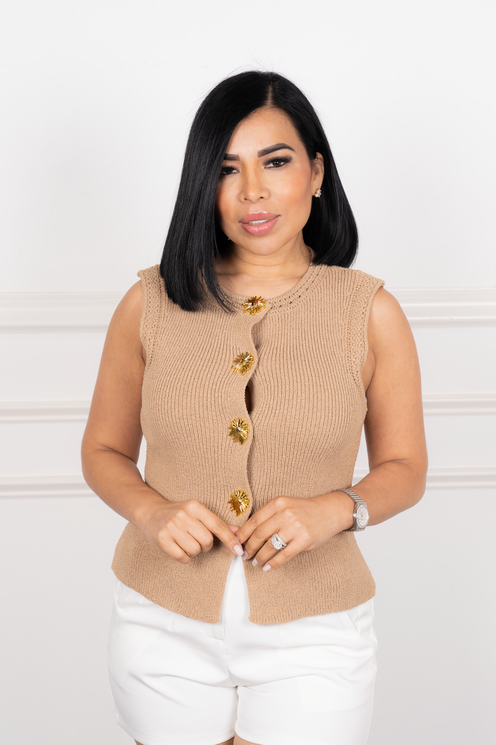 Julieta - Nude Sleeveless Knit Button-Down Blouse