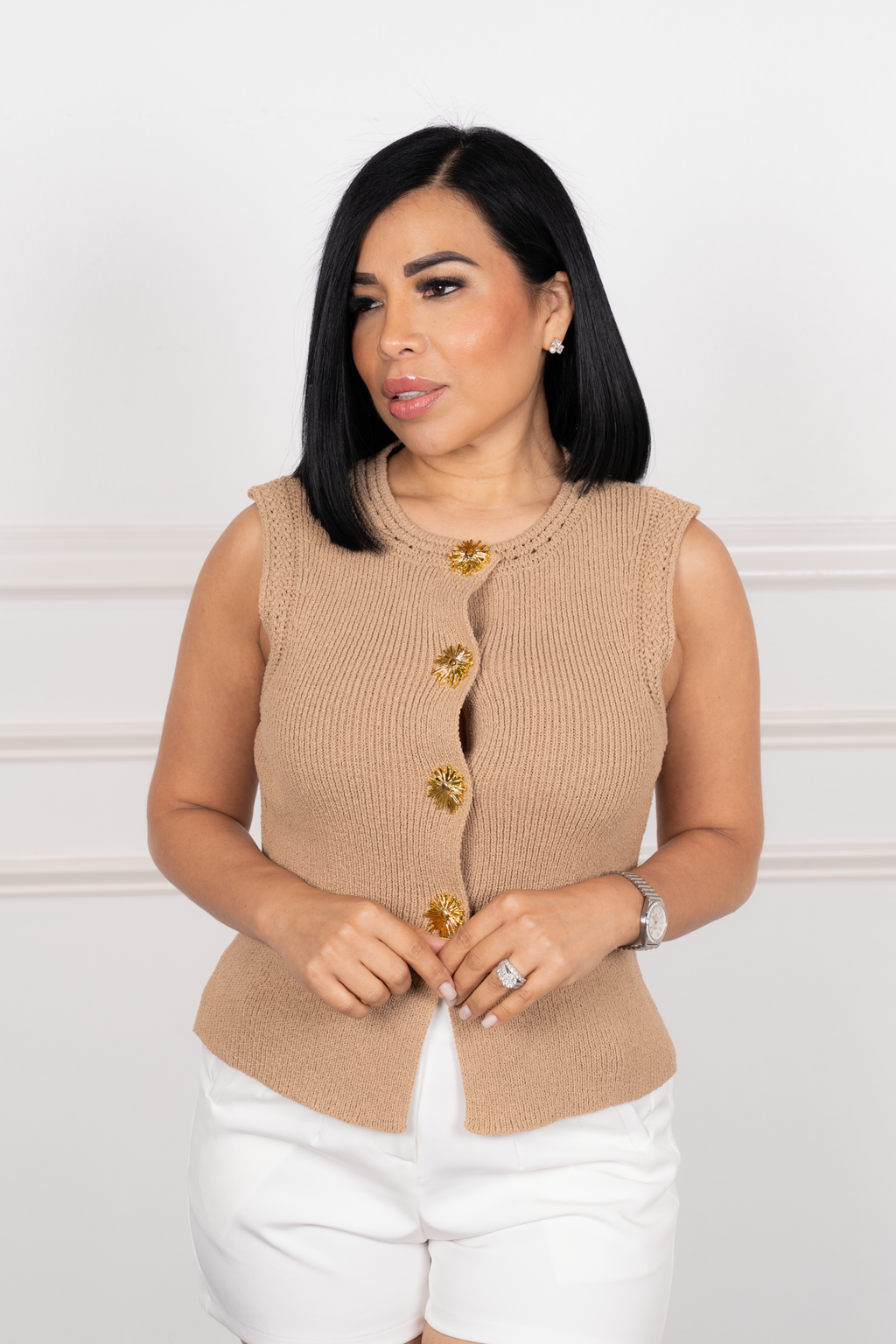 Julieta - Nude Sleeveless Knit Button-Down Blouse