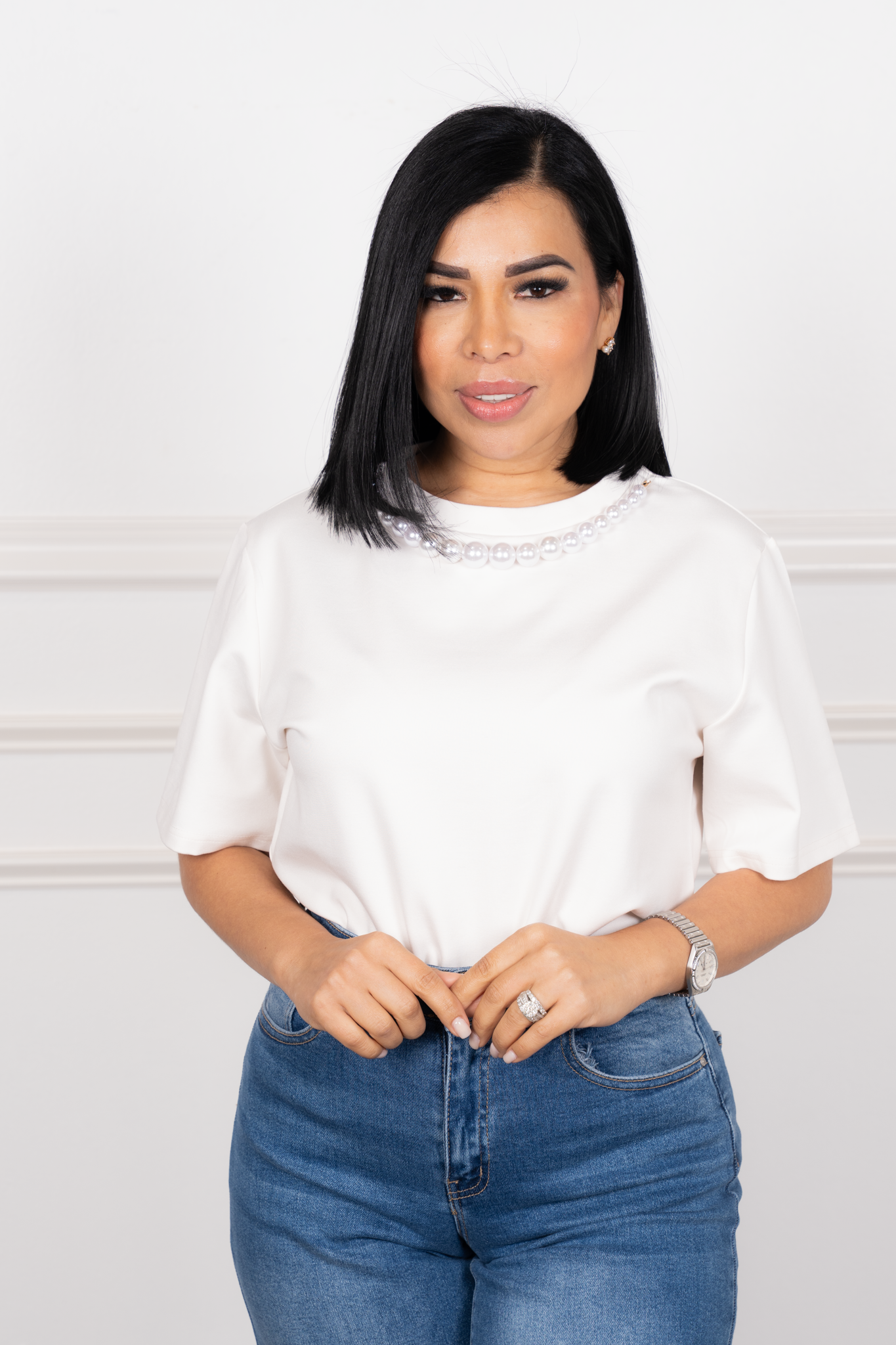 Antonella - White Oversized Pearl-Detail Blouse