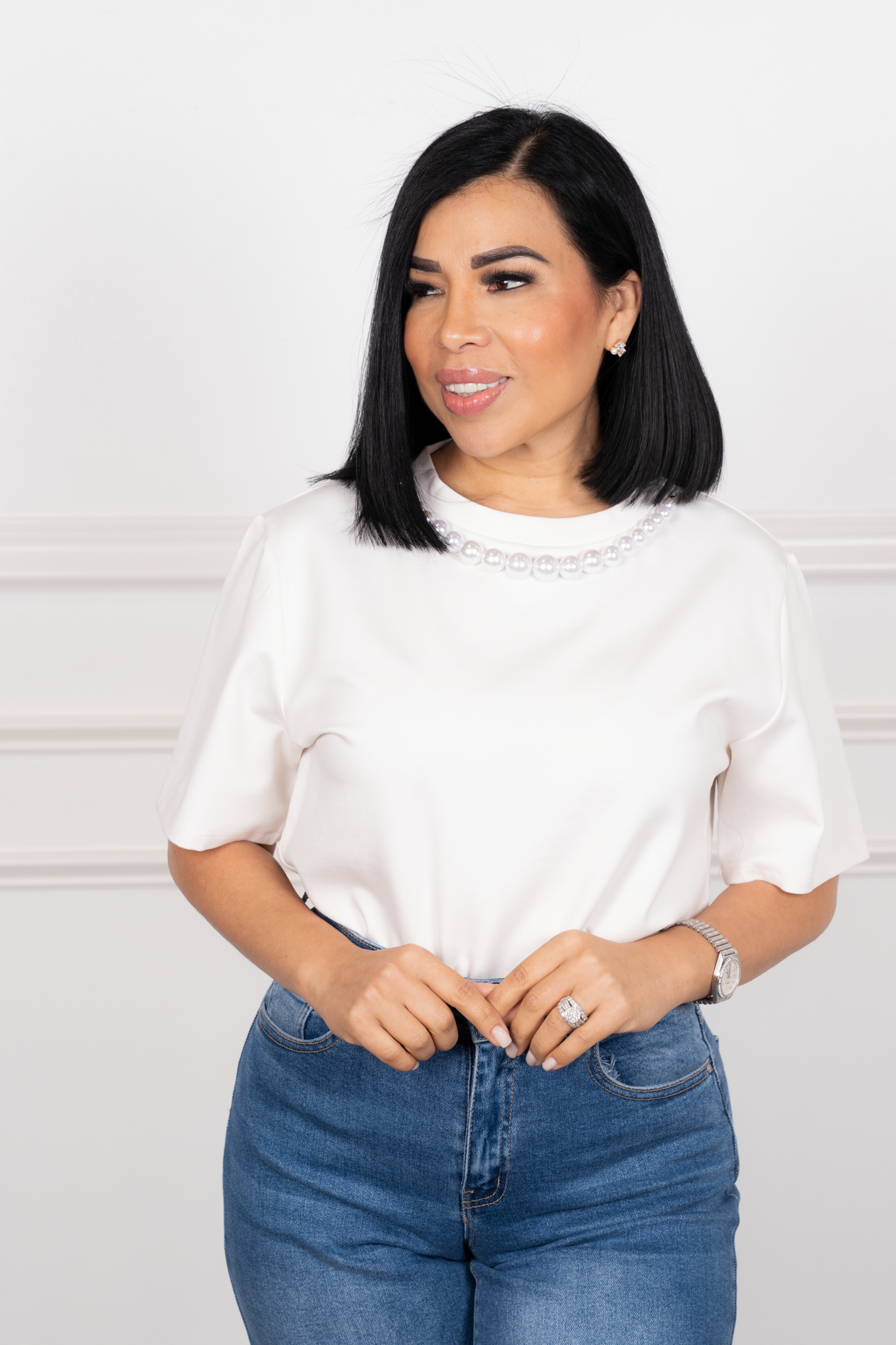 Antonella - White Oversized Pearl-Detail Blouse