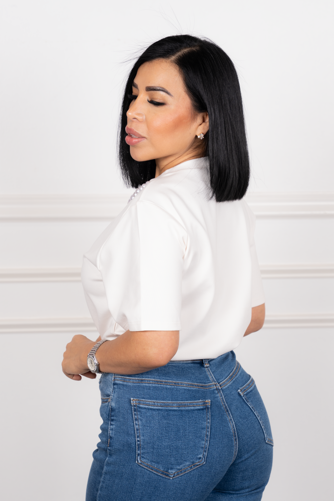 Antonella - White Oversized Pearl-Detail Blouse