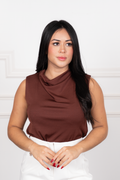 Marcela - Brown Sleeveless Draped-Neck Blouse