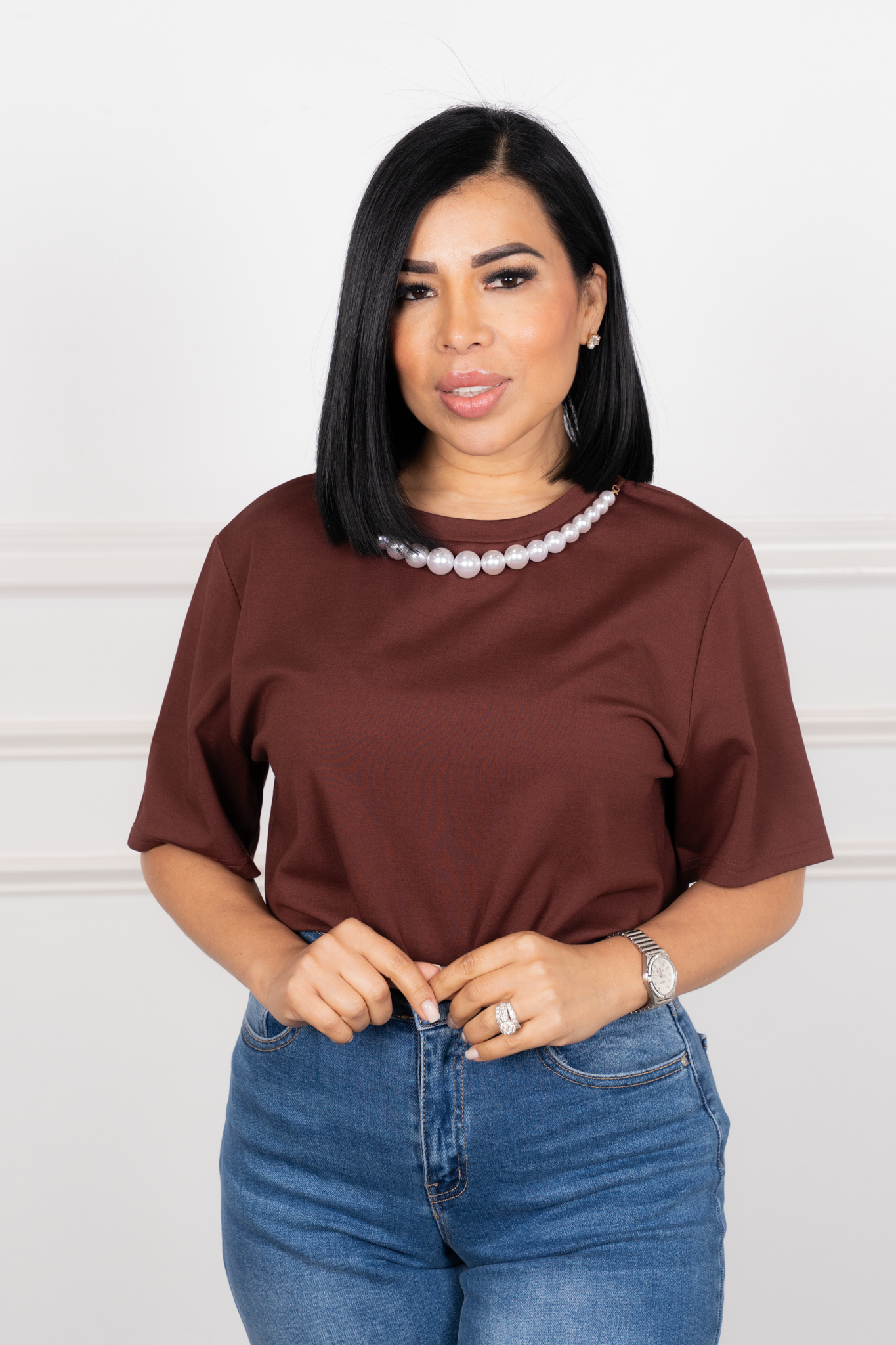 Antonella - Brown Oversized Pearl-Detail Blouse