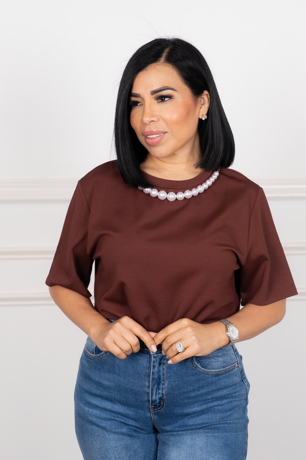 Antonella - Brown Oversized Pearl-Detail Blouse