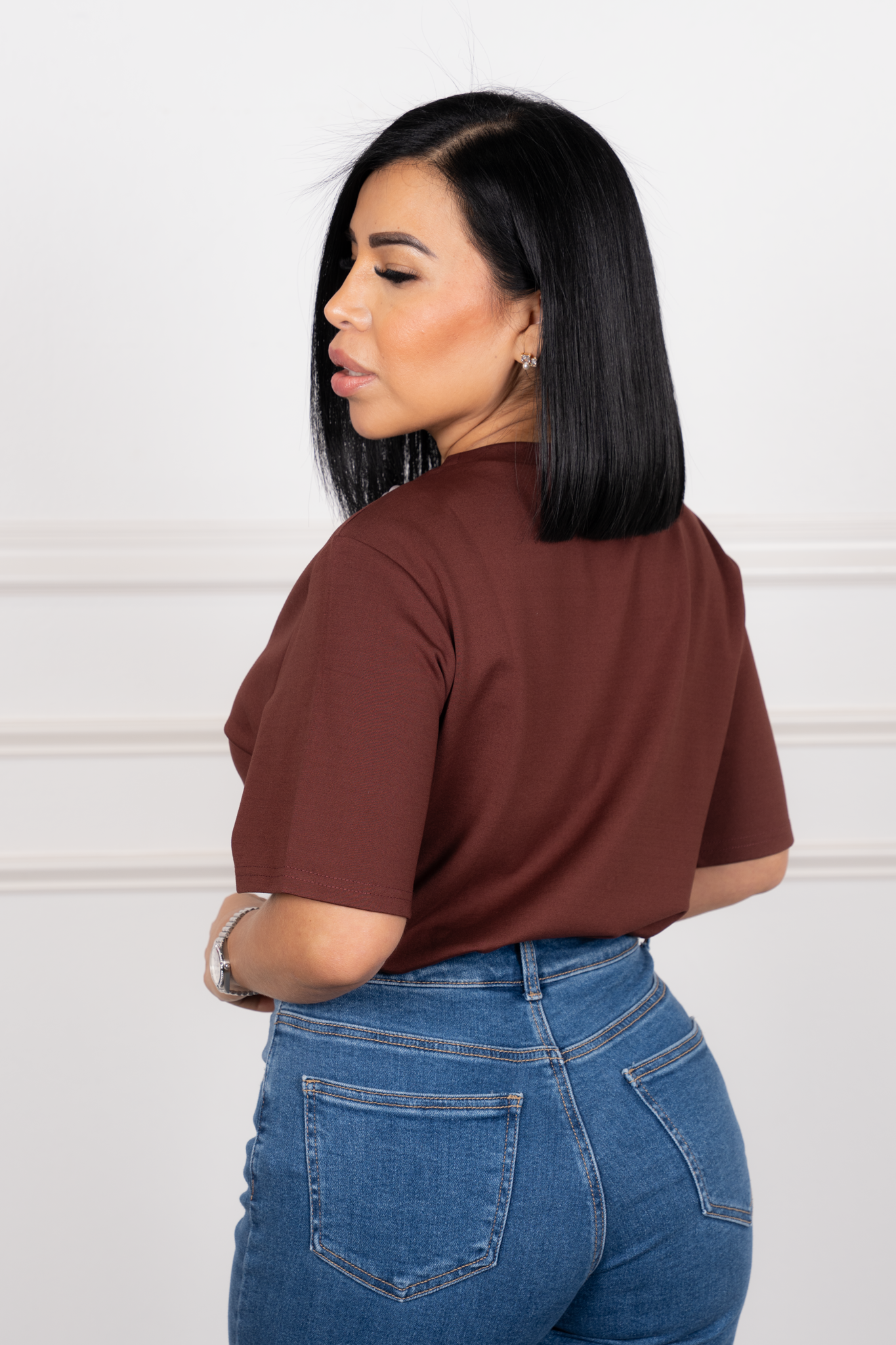 Antonella - Brown Oversized Pearl-Detail Blouse