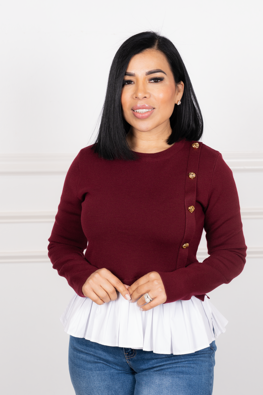 Regina - Burgundy Long-Sleeve Knit Blouse with Side Buttons