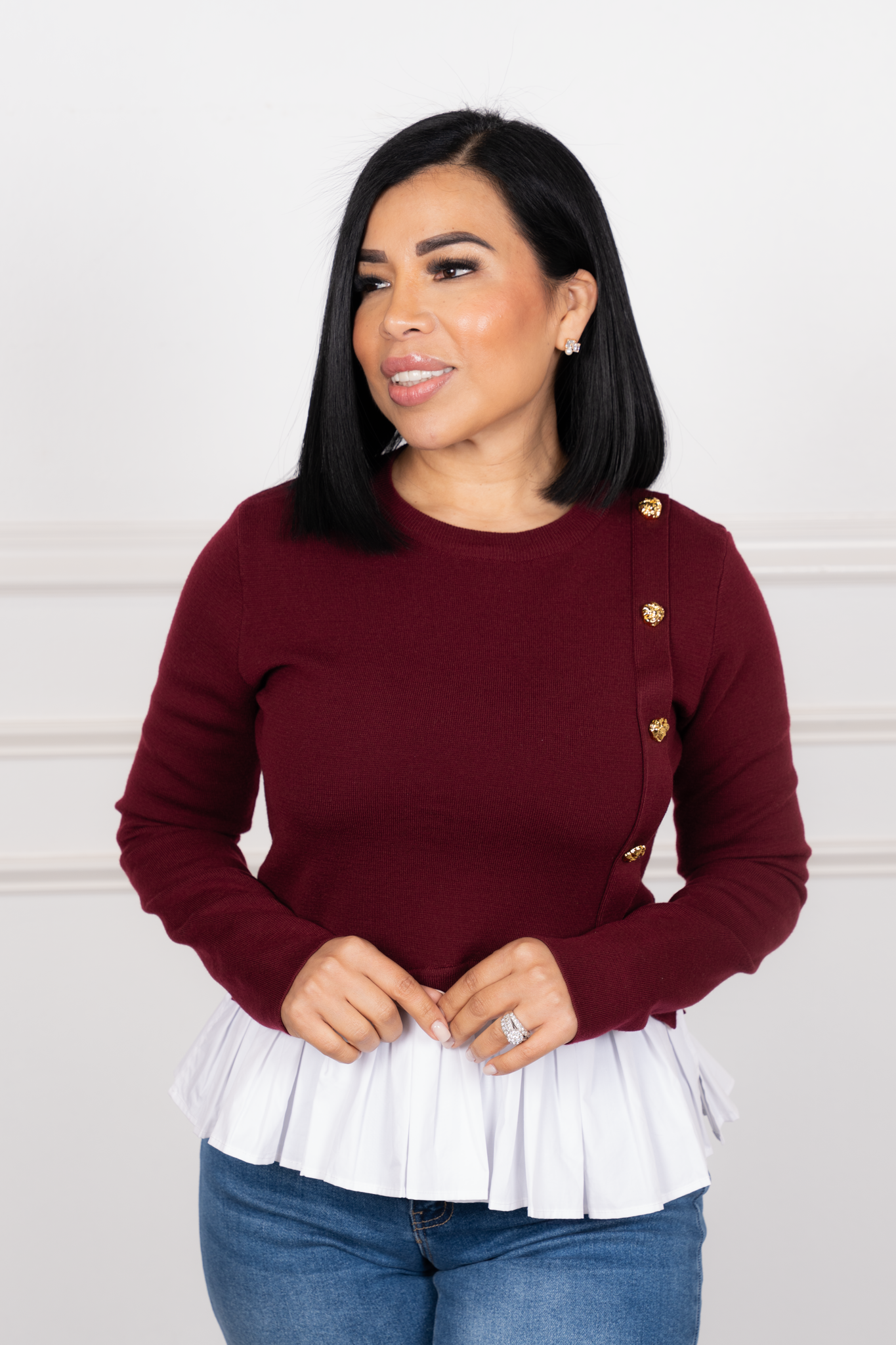 Regina - Burgundy Long-Sleeve Knit Blouse with Side Buttons