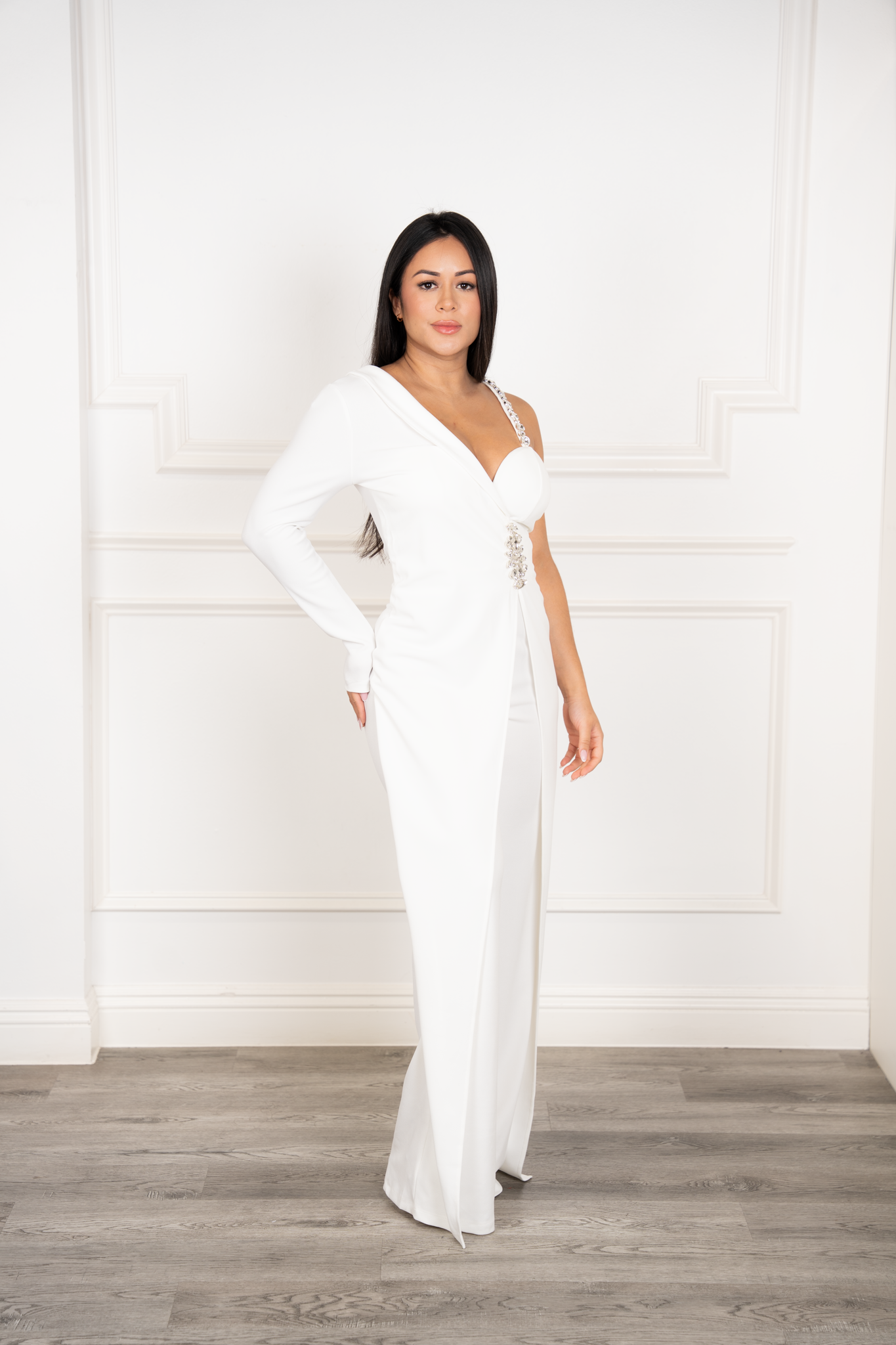 Renata - White Asymmetrical Rhinestone Wide-Leg Jumpsuit