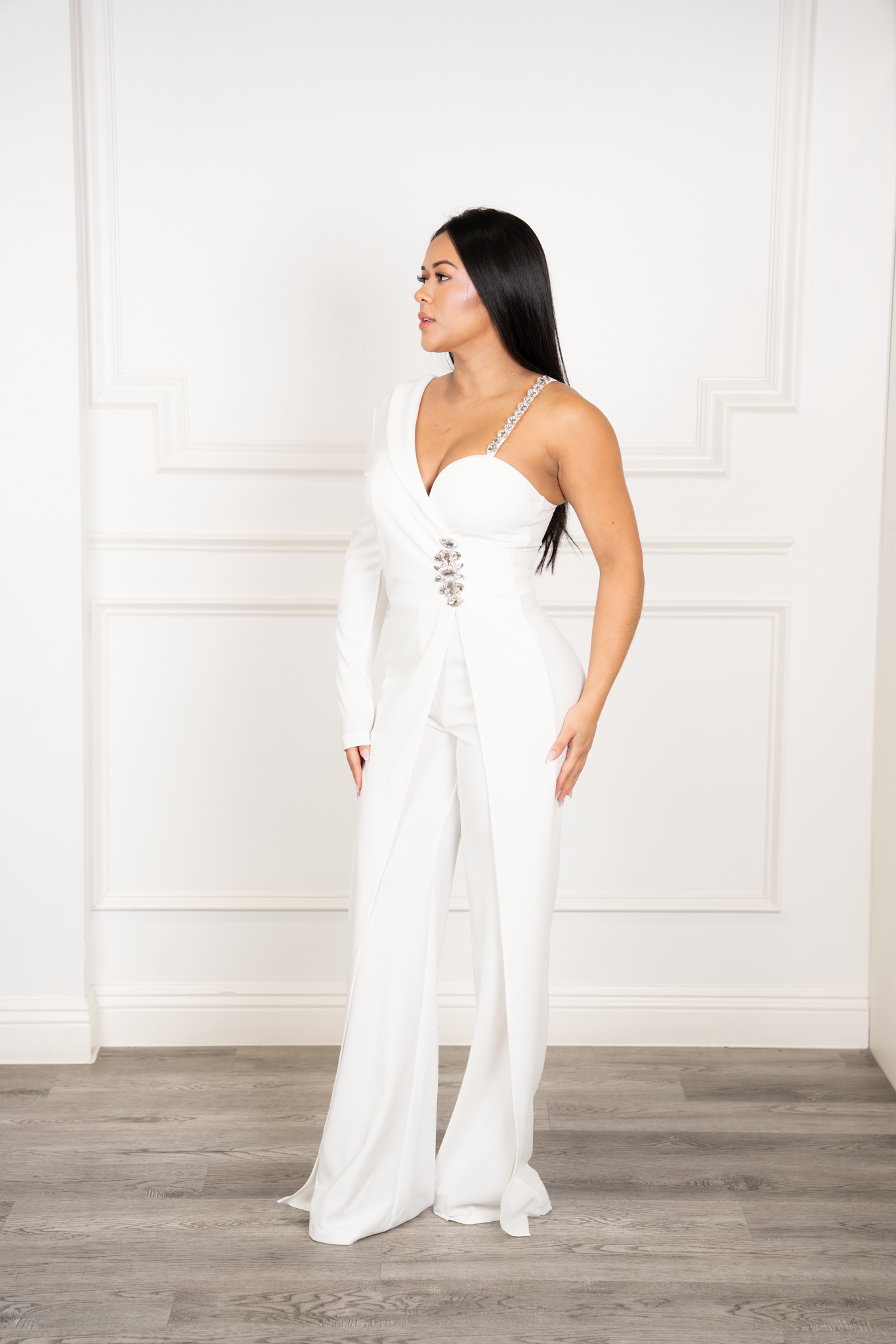 Renata - White Asymmetrical Rhinestone Wide-Leg Jumpsuit