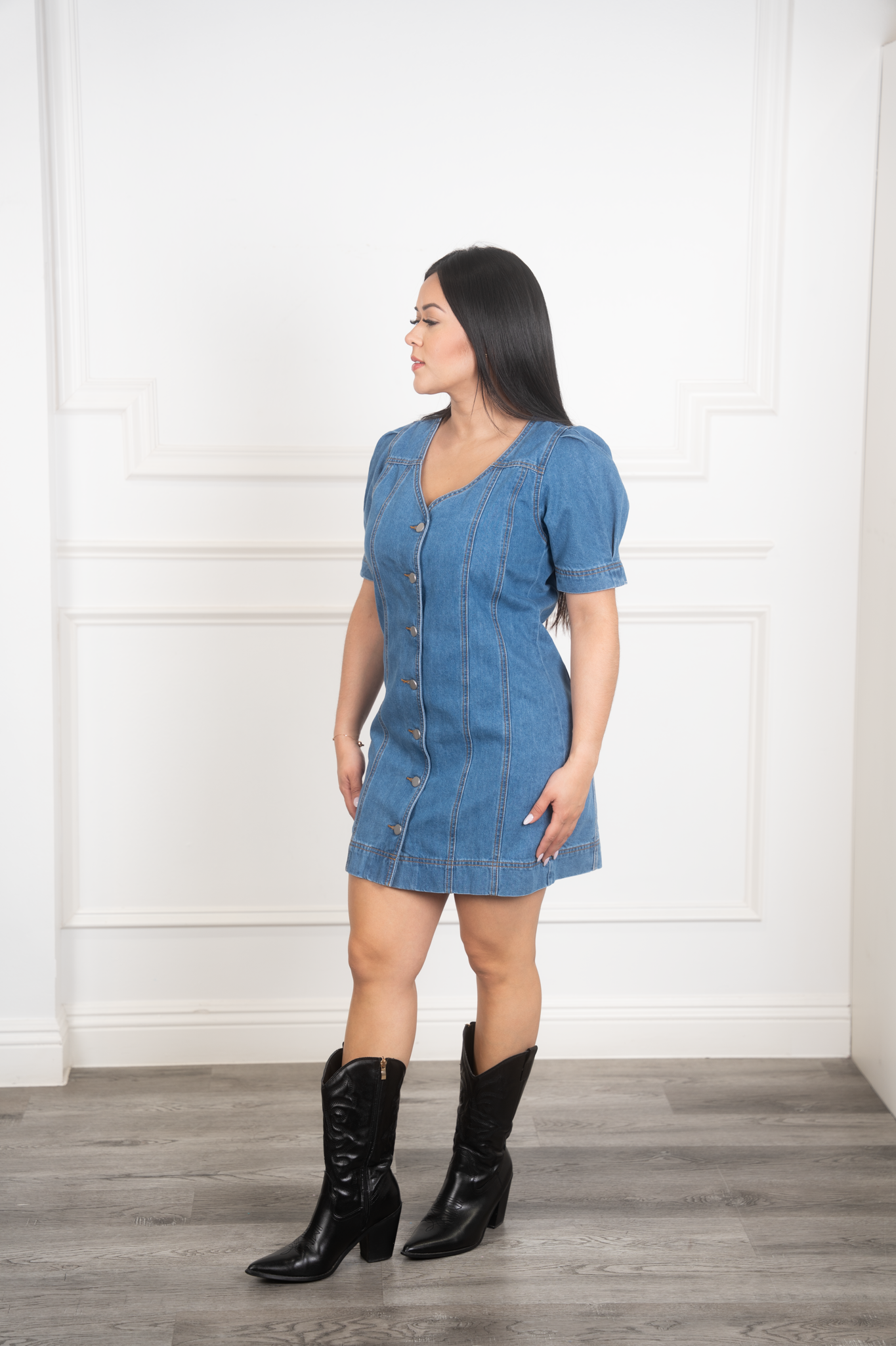 Gail - Puffed Sleeve Denim Dress