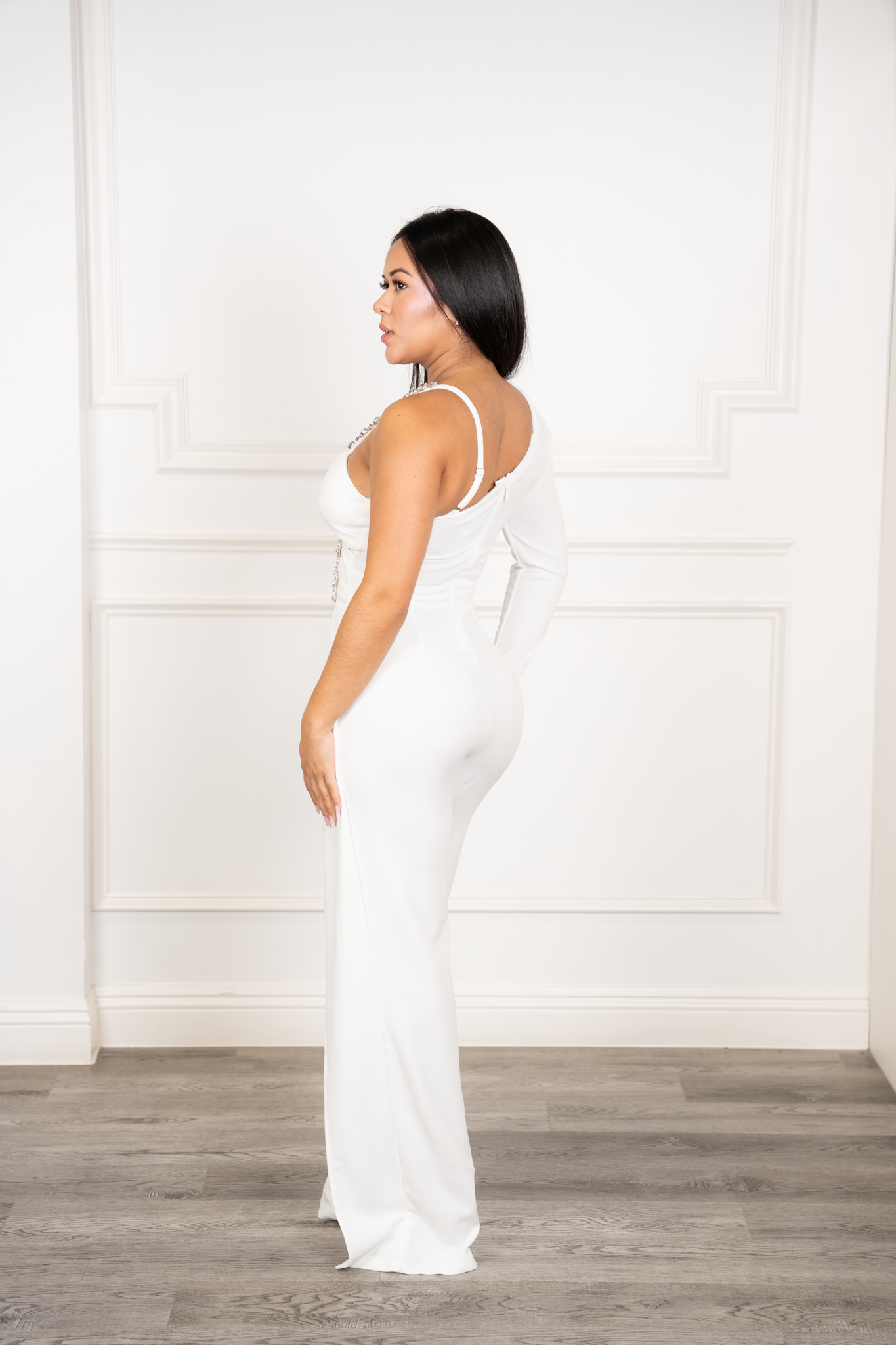 Renata - White Asymmetrical Rhinestone Wide-Leg Jumpsuit