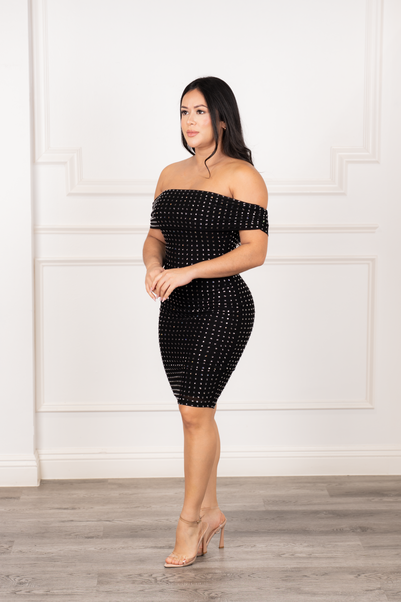 Amaya - Silver Rhinestone Black Strapless Mini Dress
