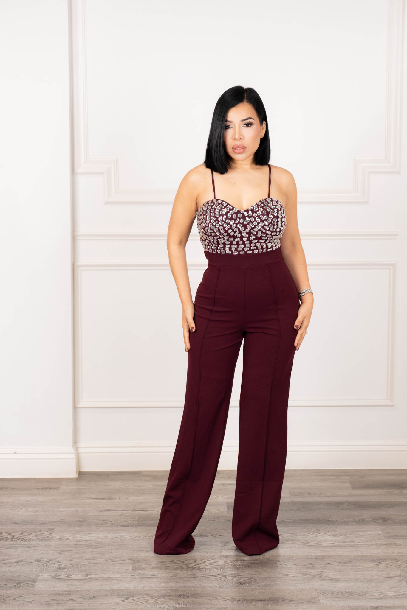 Juliana - Burgundy Geometric Rhinestone Wide-Leg Jumpsuit