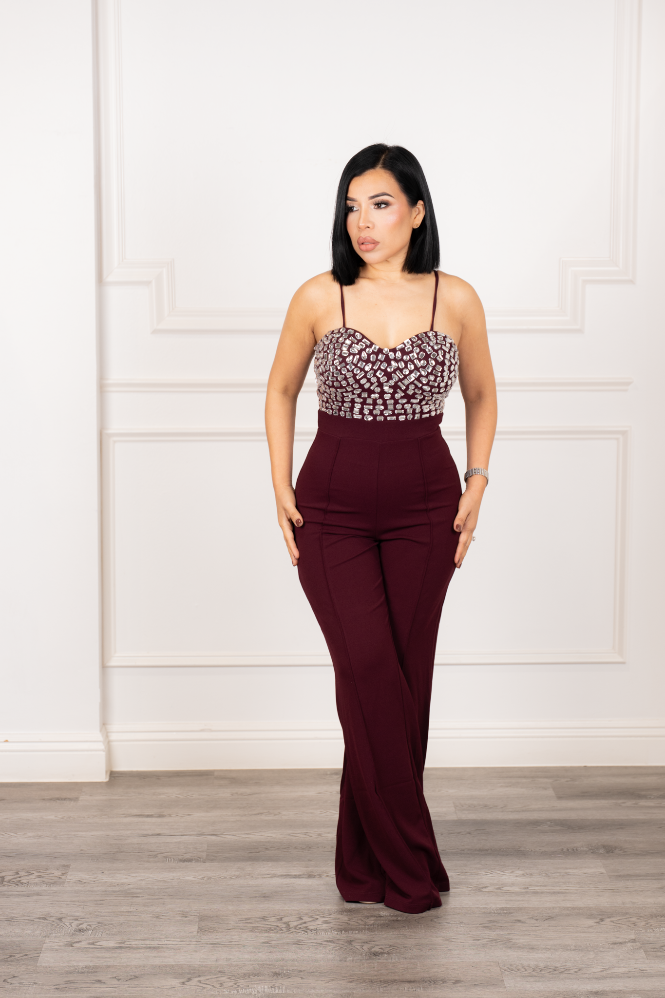 Juliana - Burgundy Geometric Rhinestone Wide-Leg Jumpsuit