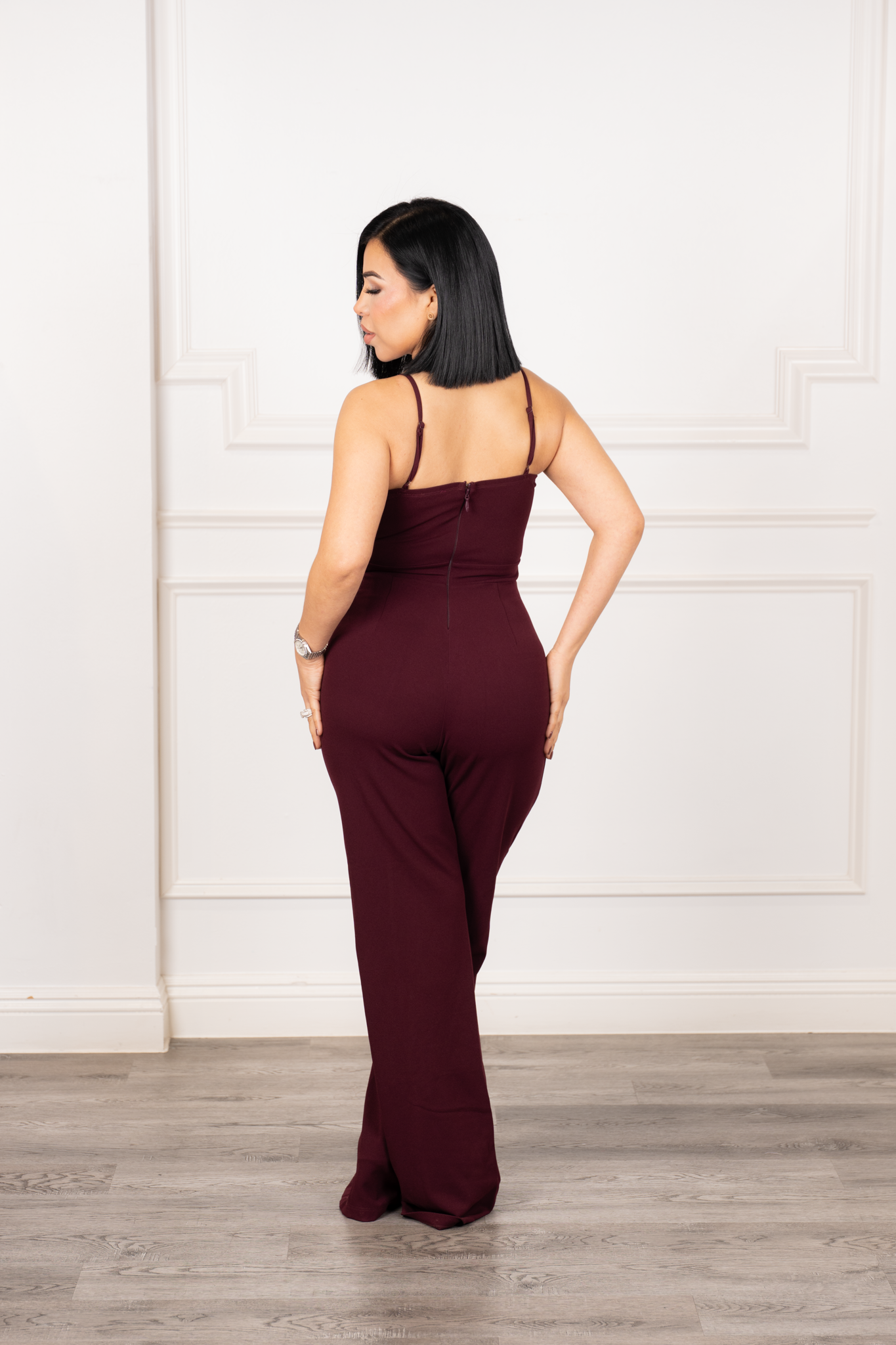 Juliana - Burgundy Geometric Rhinestone Wide-Leg Jumpsuit